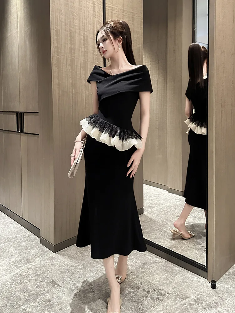 A-Leibniz Damenkleid, schwarzes Kleid, Arbeitskleid, formelles Party-Abendkleid, Hochzeitsbankettkleid 45099