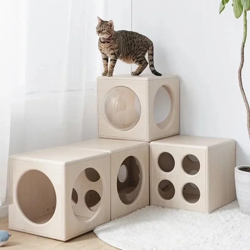 Wooden Semi-enclosed Cat House Building Block Combination DIY Products Cat Climbing Frame Nest Tunnel Labyrinth Space Scratchers