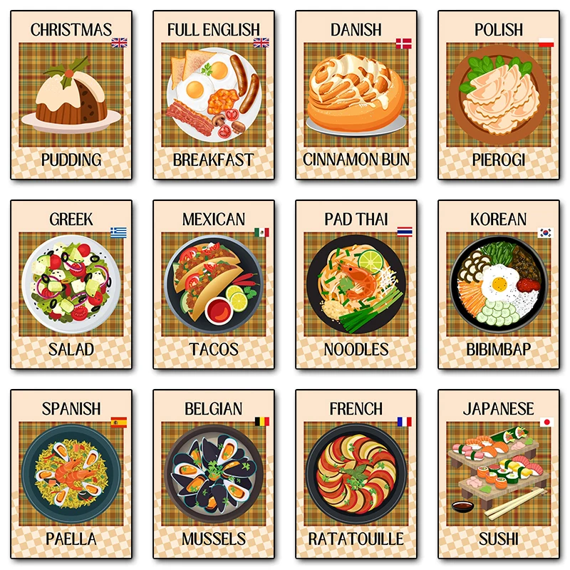 Paella española, Taco mexicano, Bibimbap, Sushi, panino de canela, carteles de comida, impresión en lienzo, imagen artística de pared Vintage para decoración de cocina