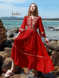 Jastie Retro Ethnic Embroidered Dresses 2024 Autumn Women's Large Swing Holiday Dress Women Seaside Vacation Boho Beach Dress