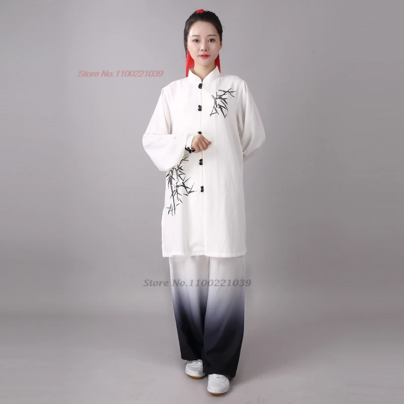 2024 chinese tai chi uniform wushu morning exercise tops+pants set bamboo print stage team performance kungfu tai chi uniform