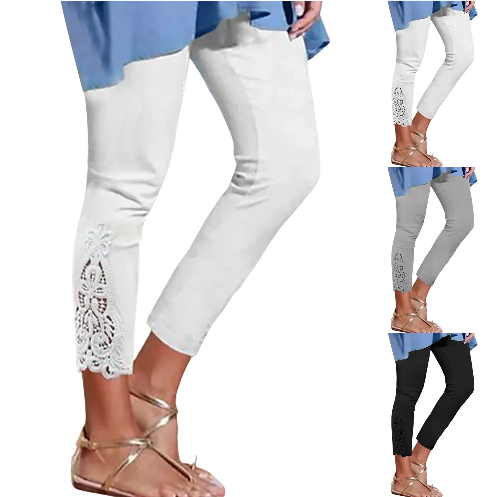 Women\'S Long Pants Lace High Waisted Slim Stretchy Versatile Spring Autumn Cropped Pants Leggings Summer Breeches Pantalones