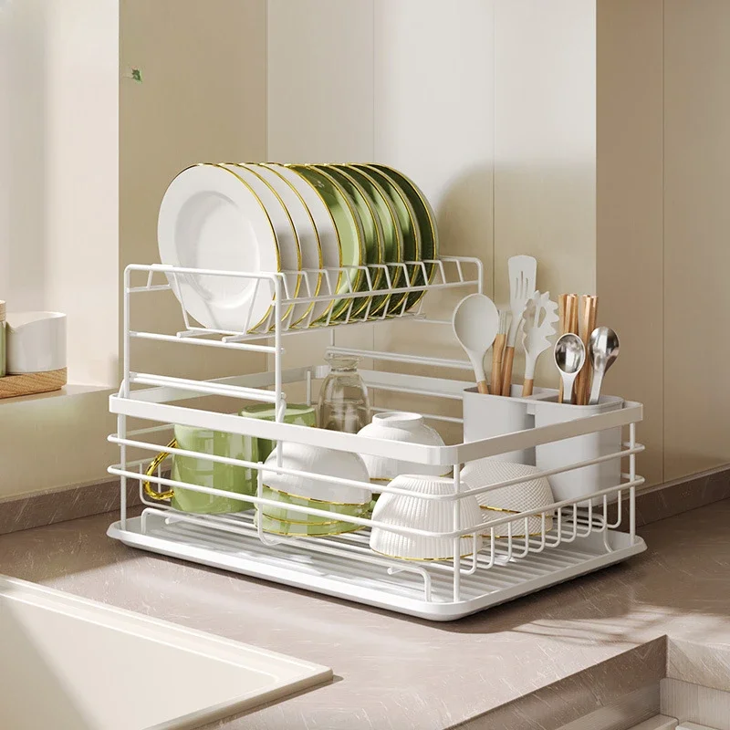 

Kitchen tableware storage rack drain table finishing double layer of metal storage rack for dishes