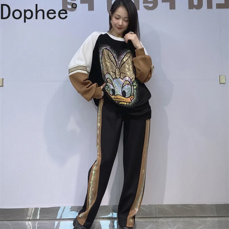 

Trendy New Autumn Women Two-piece Set Space Cotton Colorblock Cartoon Hot Drilling Hoodie Top Elastic Waist Loose Straight Pants