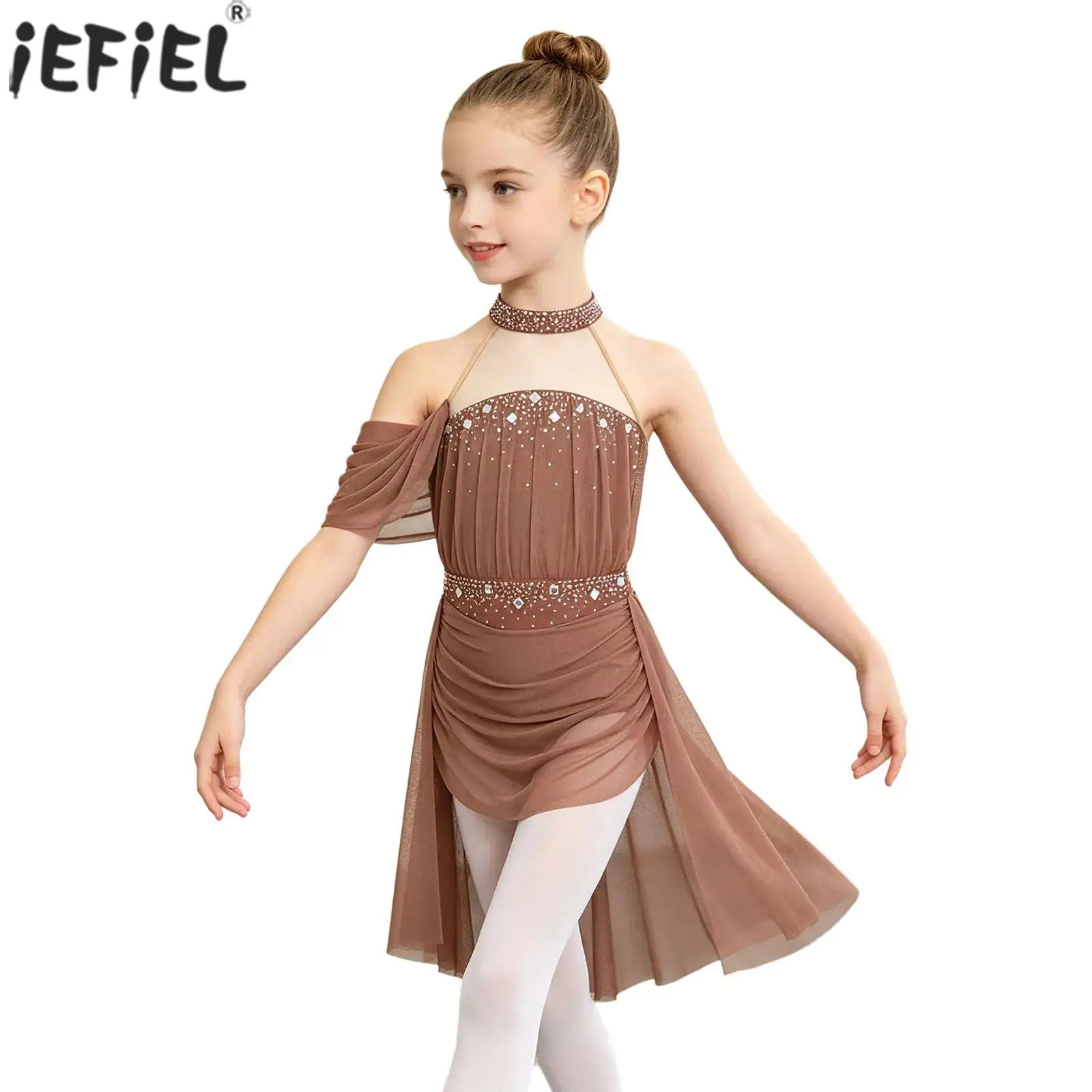 Kids Girls Ballet Lyrical Dance Figure Skating Performance Costume Halter Backless Shiny Rhinestones Ruched Mesh Dress Leotard