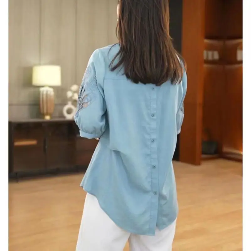 2024 New Minimalist Commuting Casual Fashion Round Neck Hollowed Out Jacquard Loose Oversize Versatile Three Quarter Shirt