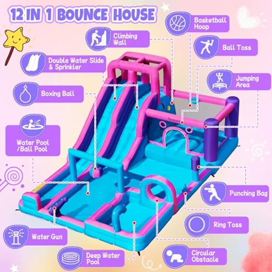 Inflatable bounce house for outdoor and indoor use PVC material blue and yellow includes double water slide climbing wall splas view 3