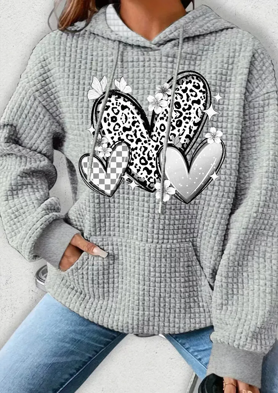 

Plus Size Women Clothing Waffle Knit Tops For Women Butterfly Love Heart Print Oversize Hoodies for Women With Pocket Sweatshirt