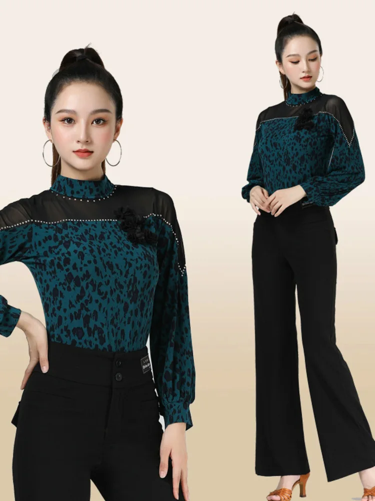 Slim Fit Ballroom Dance Competition Stand Collar Tops Waltz Classical Mesh Patchwork Female Luxury Rhinestones Standard Pants