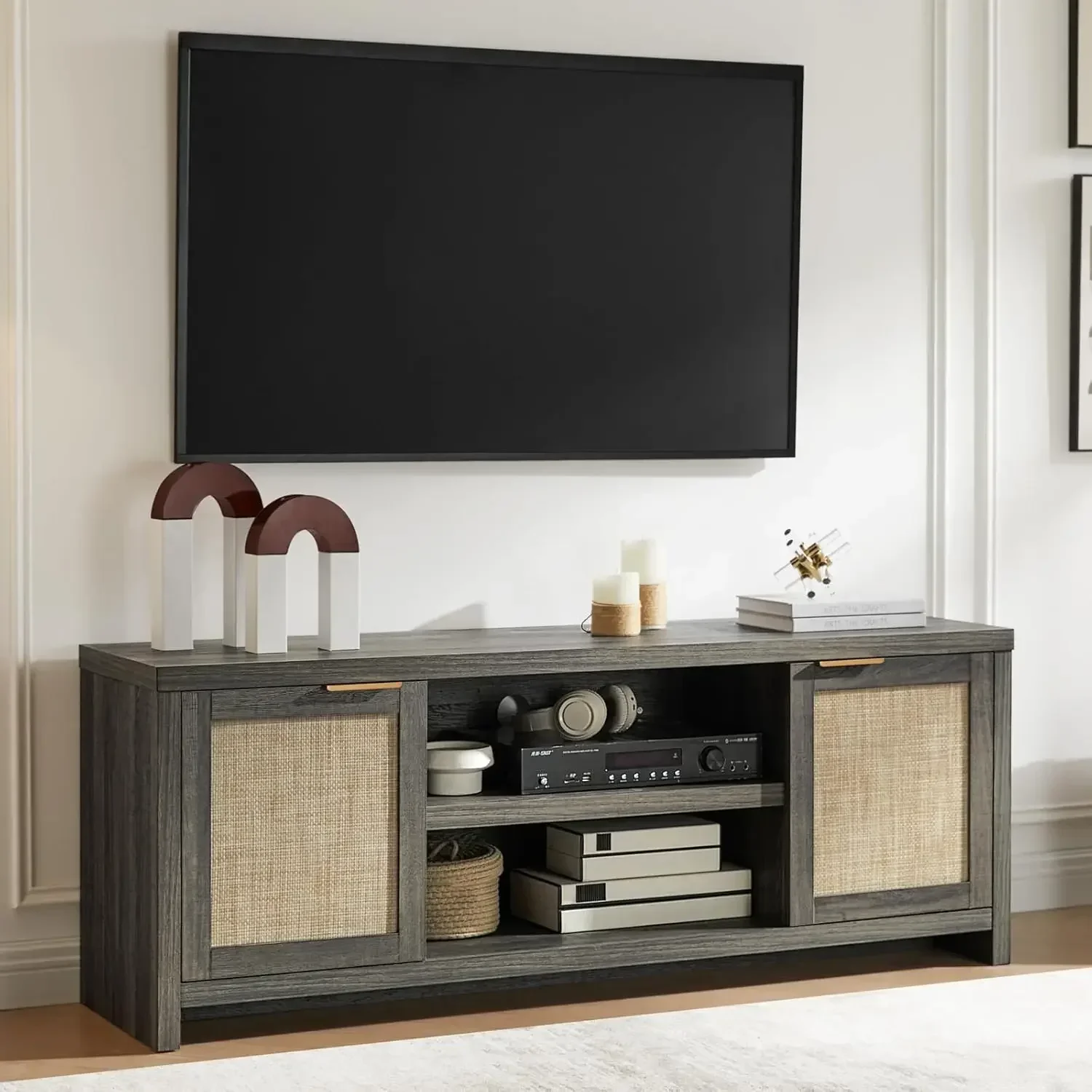 Hampstead TV Stand for Living Room, Modern Entertainment Center for 65 inch TV, 2 Rattan Doors Cabinet Media Console, TV Console