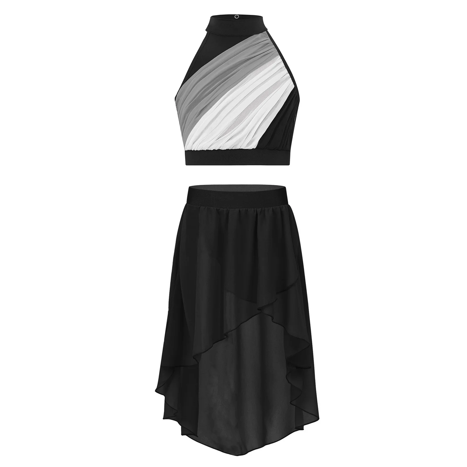 

Kids Girls Lyrical Dance Sets Sleeveless Gymnastics Dancewear Keyhole Back Crop Top with High-Low Skirt for Stage Performance