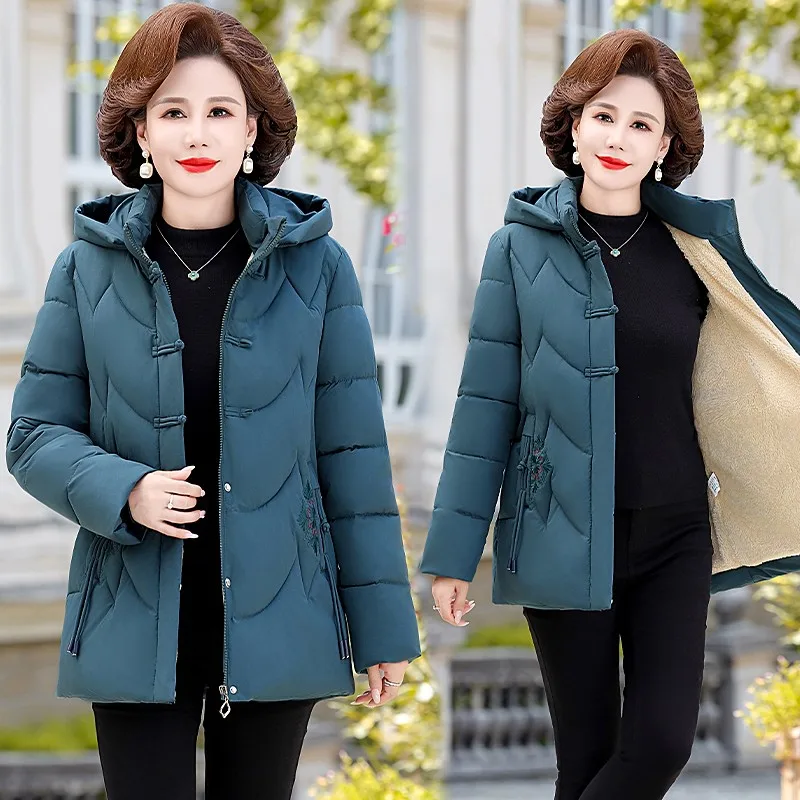 Women\'s Winter Puffer Cotton Padded Jacket Grandma Hooded Fleece Thick Parkas Warm Loose Retro Embroidery Snow Coat Loose Female