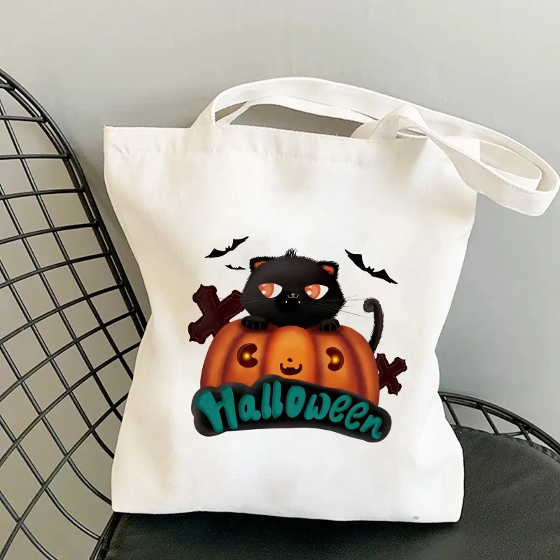 حقيبة كتف قماشية تحت عنوان الهالوين، حقيبة كتف واسعة أنيقة مع أنماط الخفافيش على شكل قرع القط، مثالية للتسوق اليومي