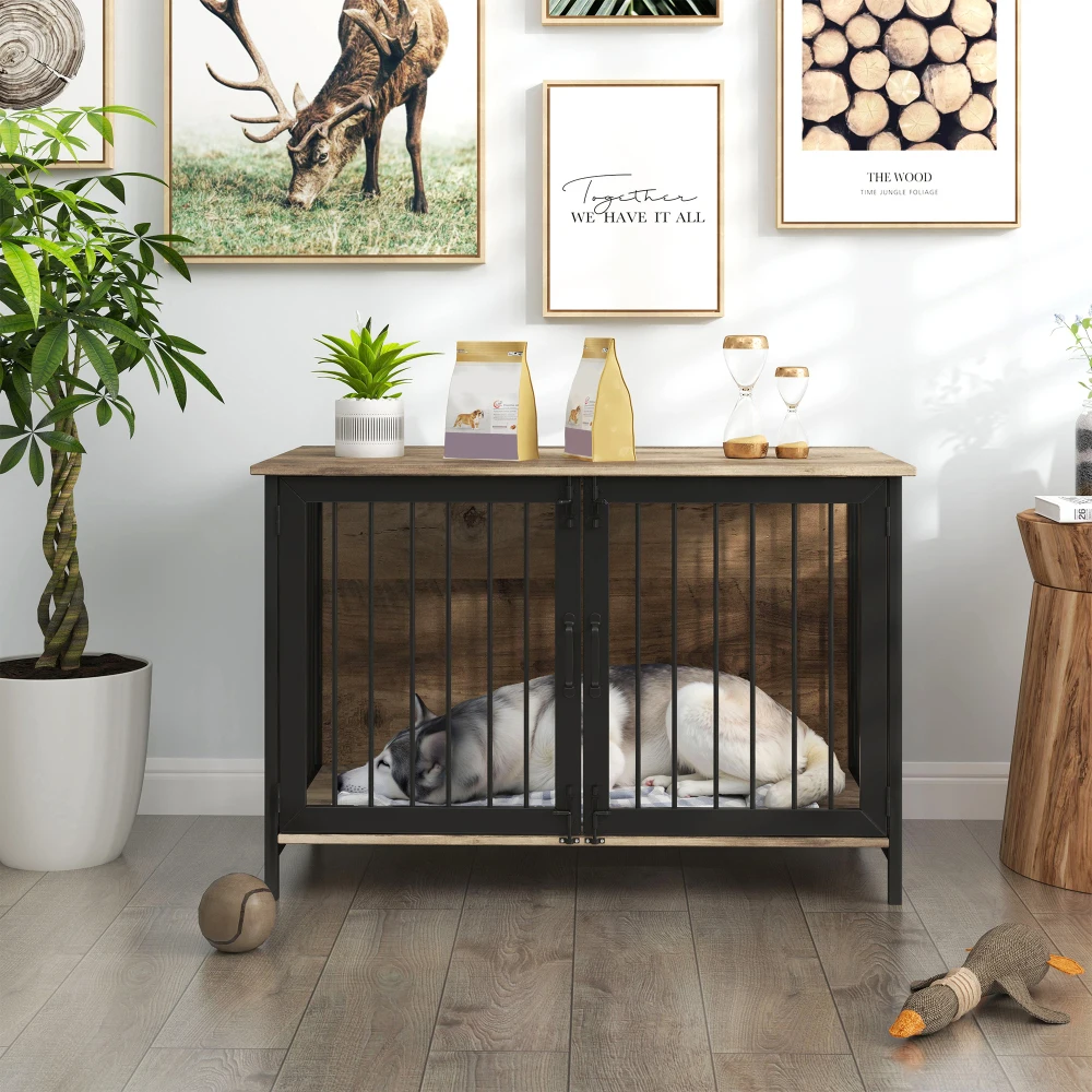 

Wooden Dog Crate Furniture Large/Medium Dog, Dog Kennel Furniture Large Breed, Indoor Dog Cage Furniture Style with 2 Doors