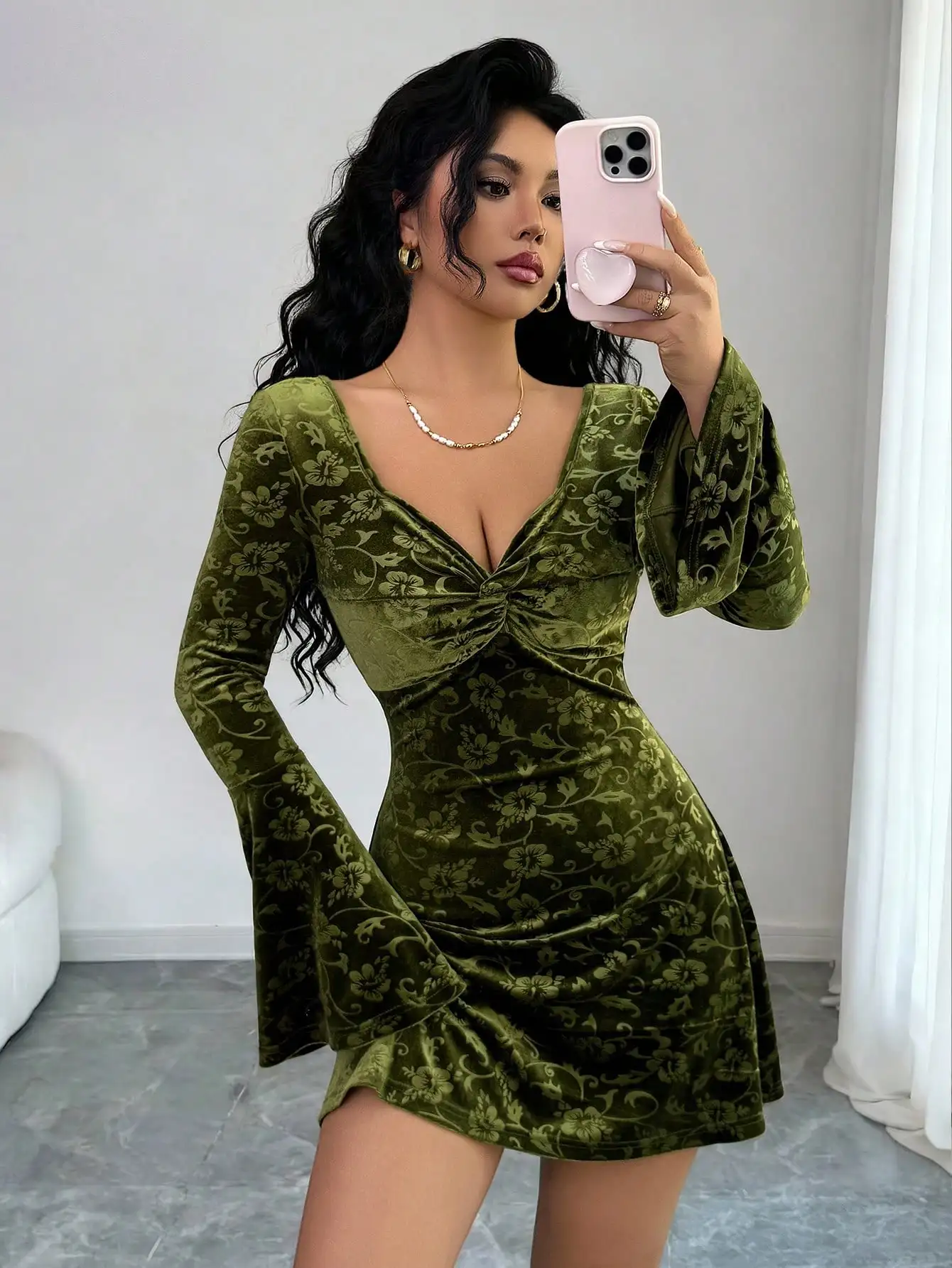 

Olive Green Velvet Floral Jacquard Bodycon Dress with Flared Sleeves & Twist Bust, Sexy Elegant for Parties