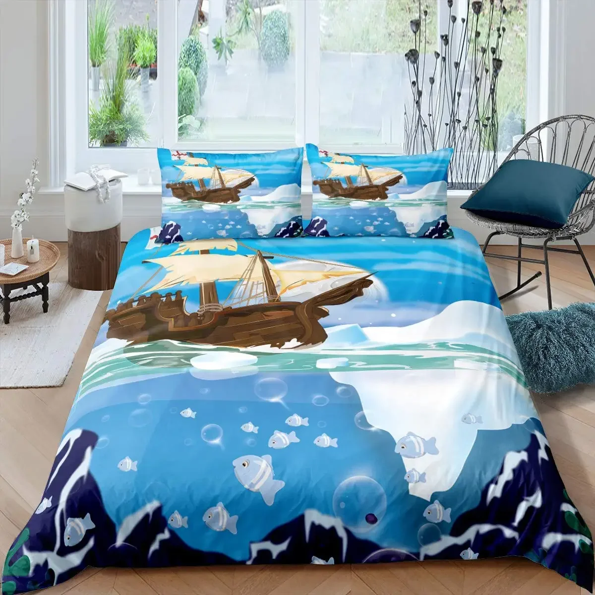 Nautical King Queen Duvet Cover Dragon Retro Blue Sailboat Rudder Bedding Set Sea Sailboat Comforter Cover Polyester Quilt Cover