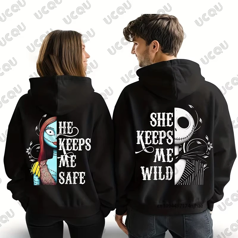 Sweat à capuche pour hommes et femmes, tendance, décontracté, automne hiver, Disney "Christmas Night Cry", Sally et Jack, haut ample pour Couple