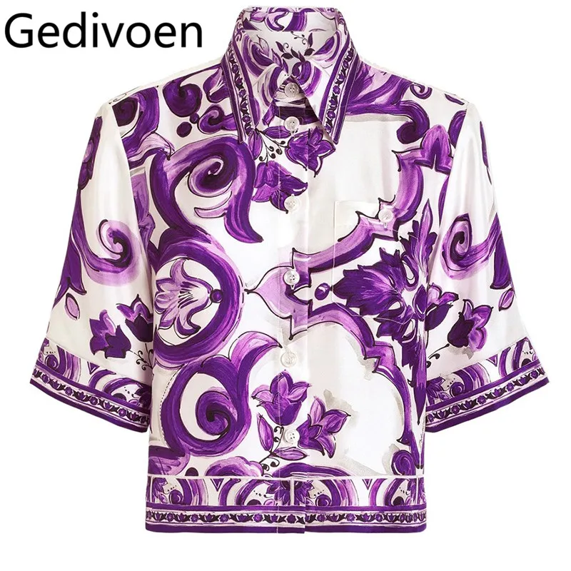 

Gedivoen 2025 summer silk Purple flowers and breathable lapel loose and comfortable Short shirt