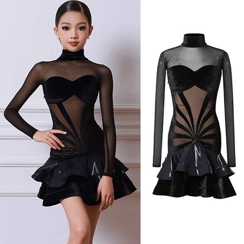 

2025 Fashion Latin Dance Performance Dress Girls Ballroom Dance Suit Black Long Sleeves Latin Dance Professional Dresses SL14168