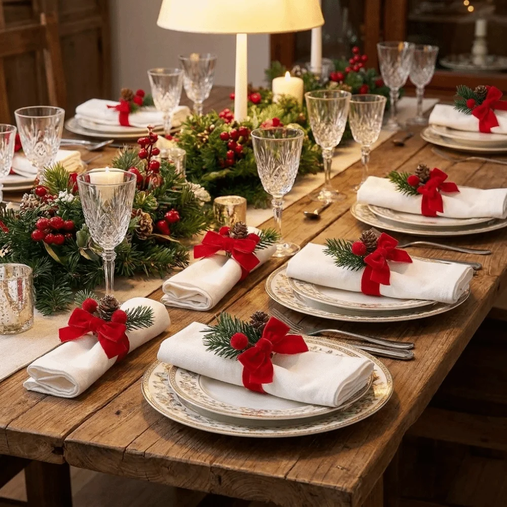6PCS Fabric Craft Christmas Napkin Rings Pinecone Pine Needle Red Bow Napkin Rings Delicate Simulation Festive Napkin Buckle