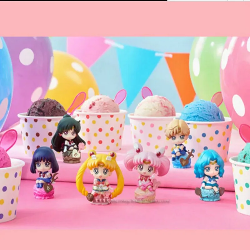 6Pcs/Set Kawaii Anime Sailor Moon Petit Chara Land Ice Cream Party 20th Anniversary PVC Model Action Figure Toy Collectible Gift