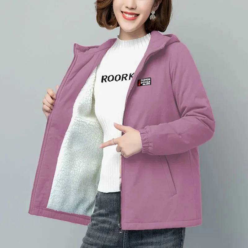 Windbreaker Coat Women 2025 Spring Autumn Winter New Korean Jacket Loose Add Velvet Middle-Aged Mother Hooded Outwear Female Top