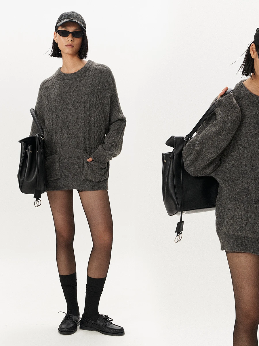 

Deep ey round Ne Loose Fit Soft Feel Twisted Knit Sweater SelfSyntax 24 Autumn Winter Commute Sle Mid-Length Coat