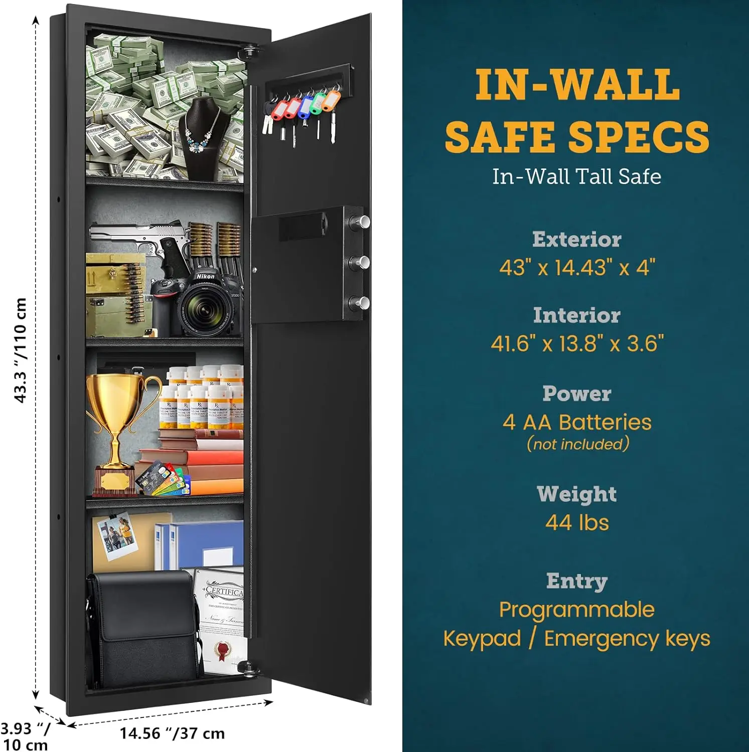 43.5" Tall Fireproof Wall Safe Between Stud, Heavy Duty Flush In Wall Safe With Digital Keypad & Removable Shelf, Hidden Gun Saf