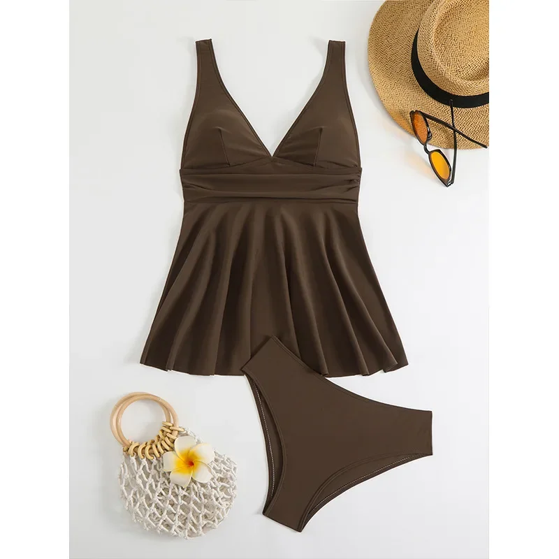 

Brown Two Pieces Swimsuits Woman Summer Swimwear Female Tankini Sets Beach Wear Bathing Suit Ruffle Women Swimming Suit Teenager