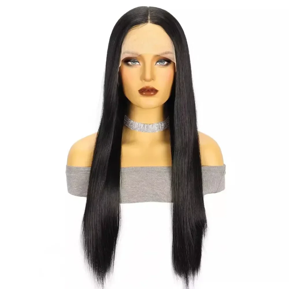 Middle Part Long Straight Wig 13x1 T Part Synthetic Lace Front Wig For Women 26 Inch Natural Black High Quality Wig Daily Use