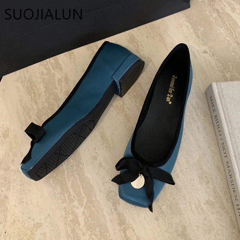 SUOJIALUN 2024 Autumn Women Flat Shoes Ladies Elegant Square Toe Shallow Slip On Ballerinas Shoes Soft Flat Heel Dress Boat Shoe