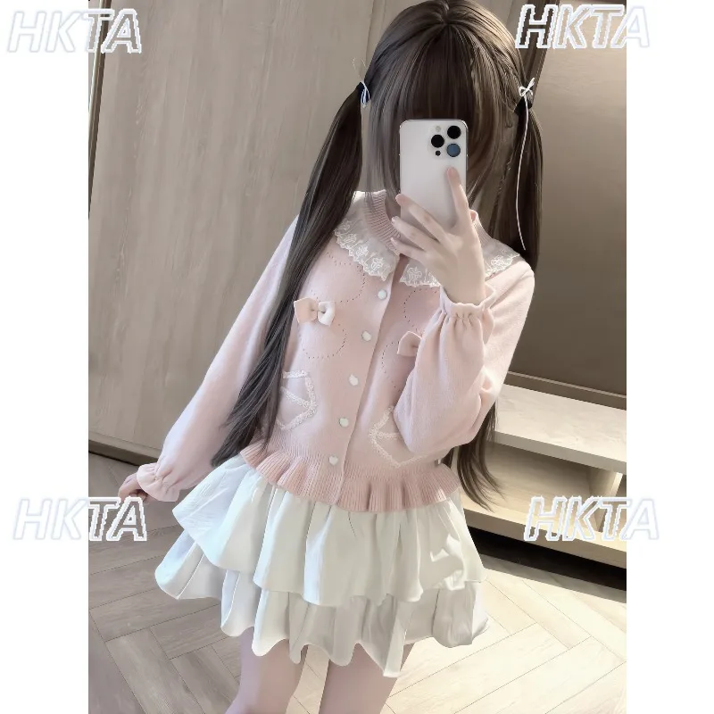 Original Japanese Cute Bow Lace Pink Lolita Sweater Jacket Women's Autumn Winter Niche Design Long Sleeve Knitted Cardigan Coat
