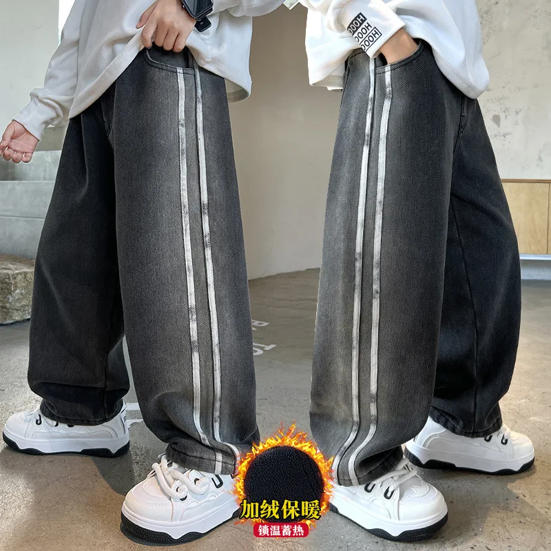 Winter Boy Fashion Warm Jeans with Side Stripe Design For Tween Child Loose Denim Pants Kids Thickened Insulated Casual Trousers