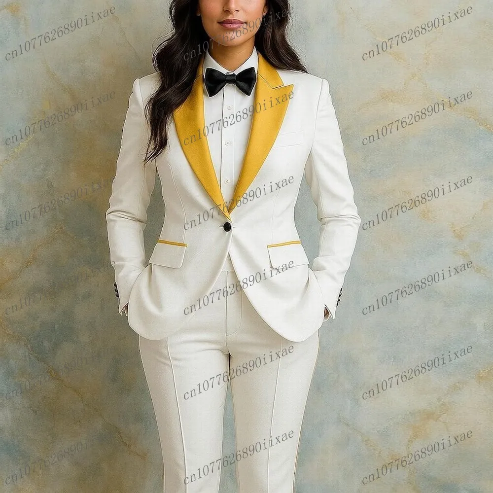 

Gold Collar White Women Suits Lady Business Office Tuxedos Mother Wedding Party Formal Ladies 2 Piece Set Jacket Pants