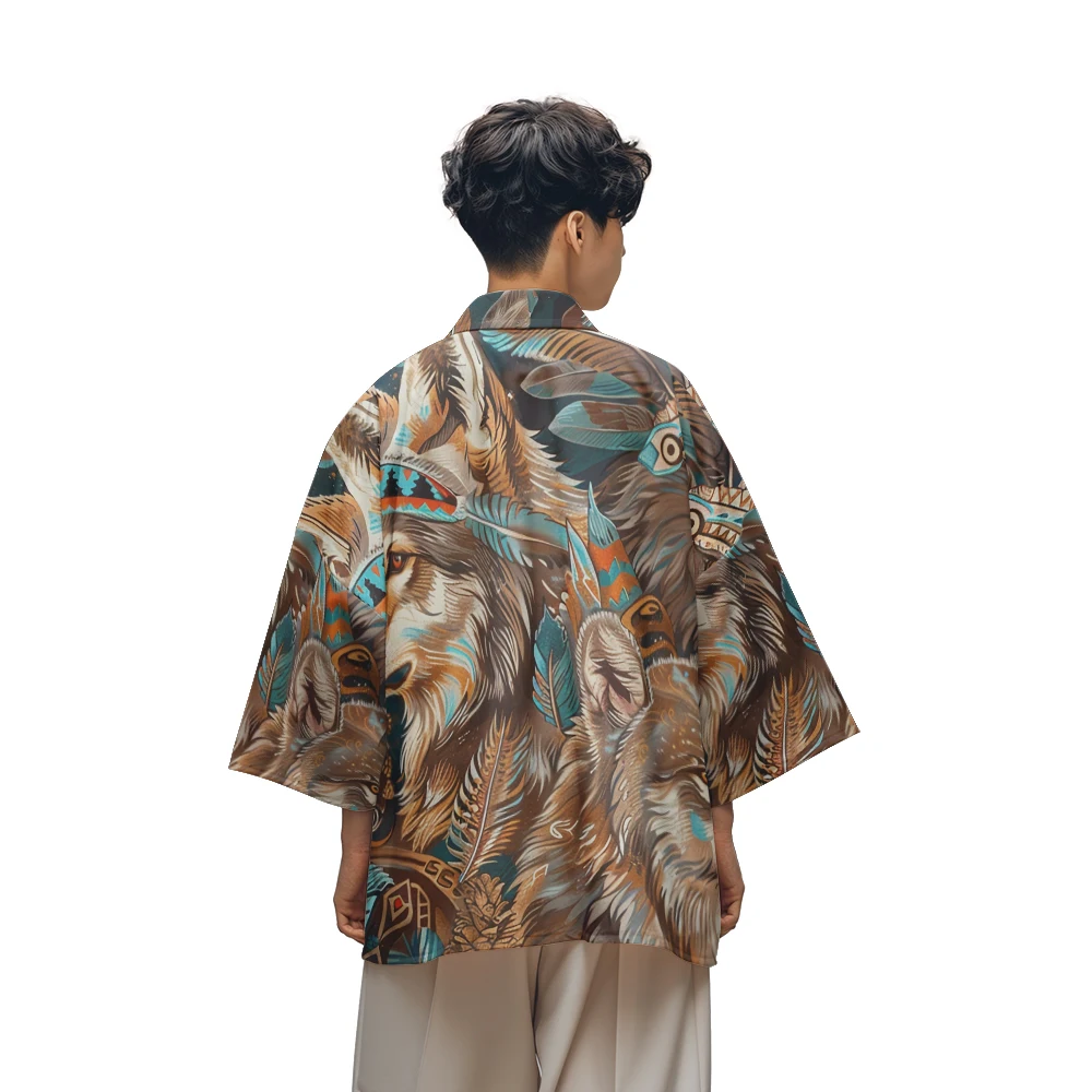 Classic Guochao Chinese Style Niche Design Anime Wolf Multi Pattern Printed Dojo Men's Casual Daily Kimono Men's Tops