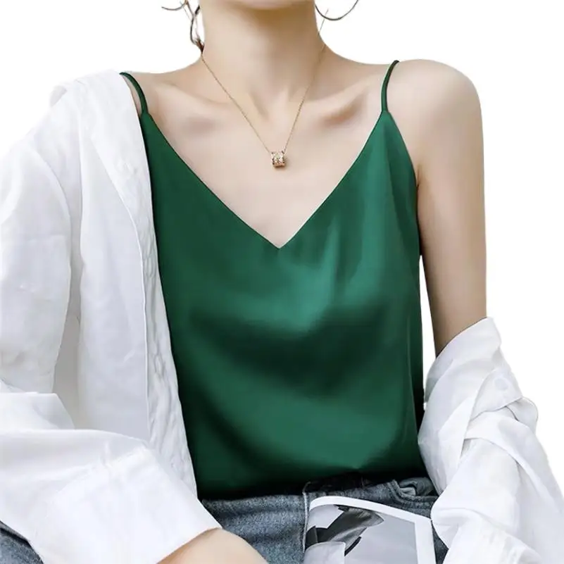 Fashion 2024 New Women Office Wear Bottoming Top Sleeveless Blusas Spaghetti Strap Top Solid Satin Elegant Camisole 10 Colors