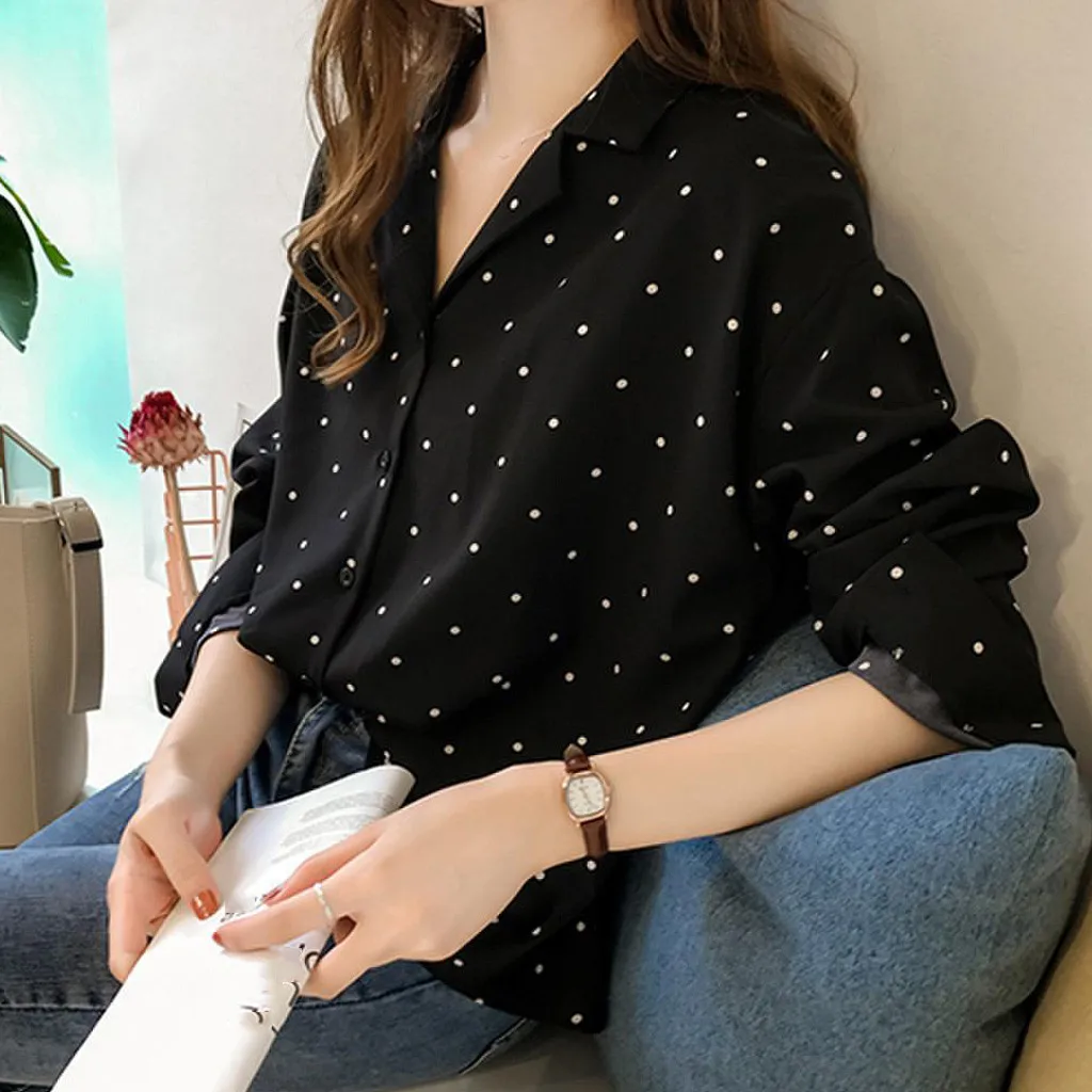 Women Polka Dot Blouse Elegant Korean Fashion Long Sleeve V-Neck Tops Shirts & Blouses Women\'S Autumn Clothing Blusas Para Mujer