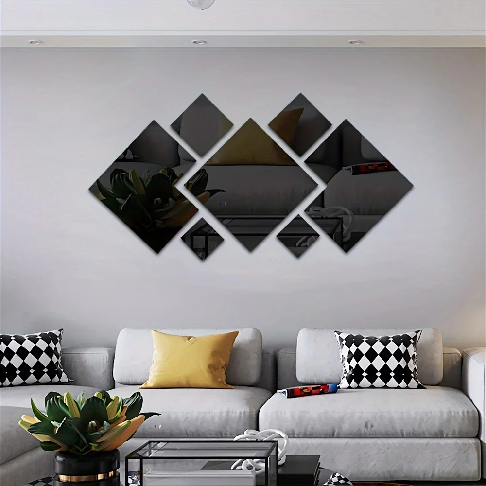 High Aesthetic Quality 7pcs Black Square Rhombus Acrylic Mirror Stickers Creative DIY Wall Art Living Room Staircase Home Decor