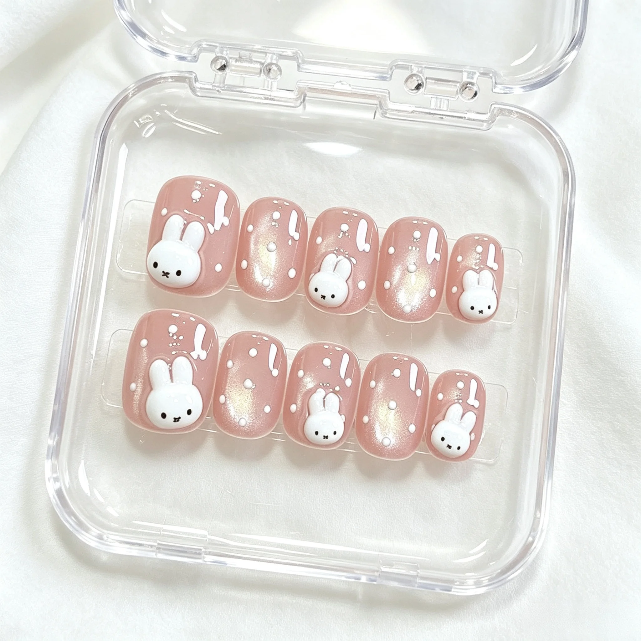 10 Stück 3D Hasen-Handgemachte Aufklebenägel Süße Rosa Mädchen-Katzenaugen-Kunstnägel Kurze Ovale Vollabdeckung für Frauen Künstliche Nägel – Detail 5
