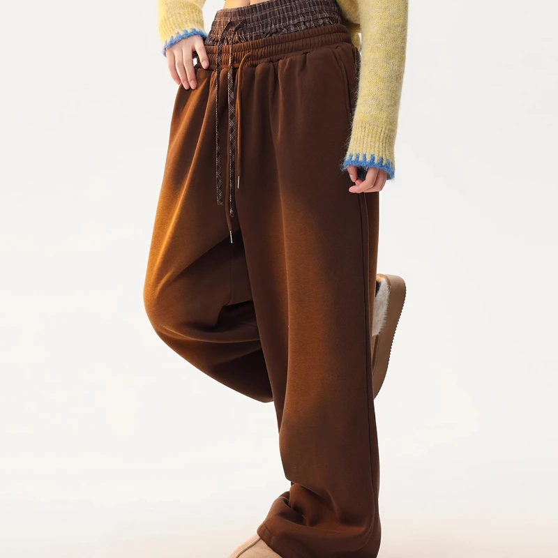 American Retro Layered Fake Two-Piece Plaid Splicing Women's Trousers Autumn Fleece-Lined Warm Casual Straight-Leg Pants Ladies