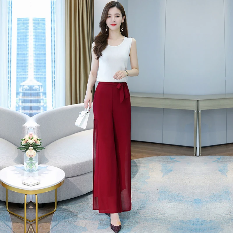 Women\'S Summer Double Layered Thin Material Breathable High Waist Loose Casual Chiffon Wide Leg Pants Mom Dance Split Trousers