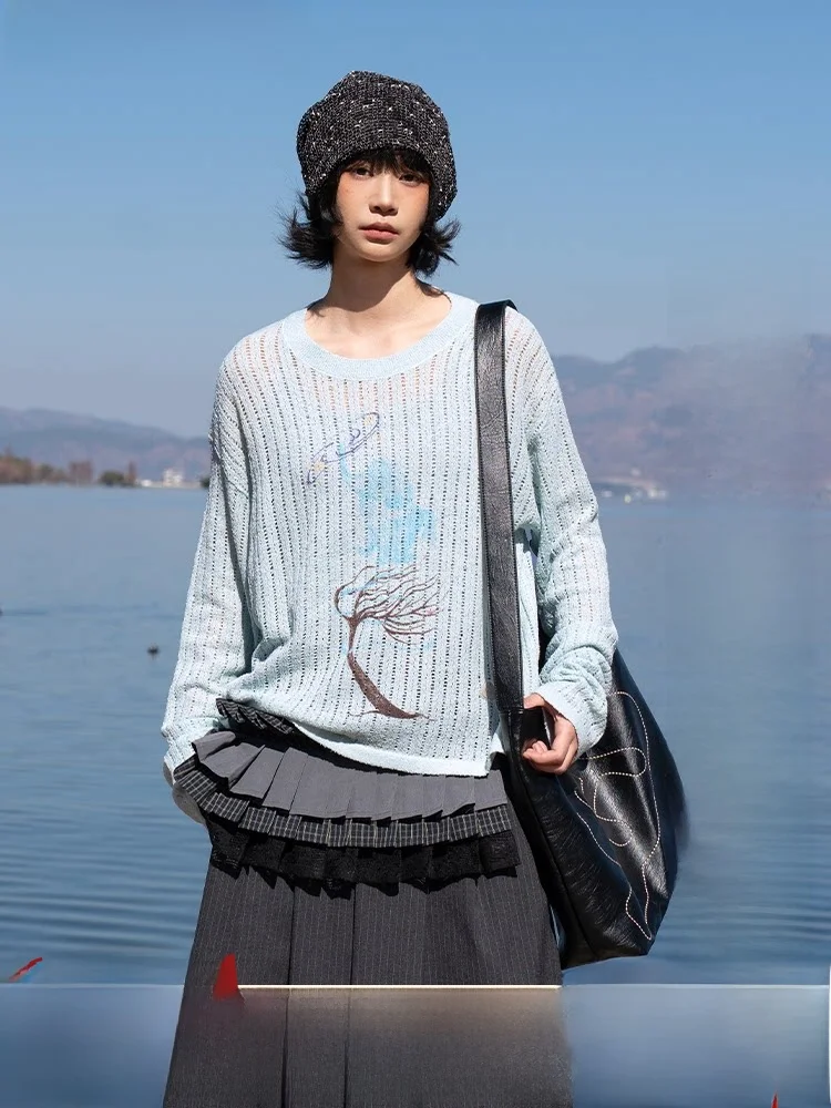 

Женский трикотажный джемпер Early Girl Весна 2026 с вырезами, длинными рукавами, узором «слон на дереве», повседневный, свободного кроя, с круглым вырезом, с растительным и цветочным принтом.