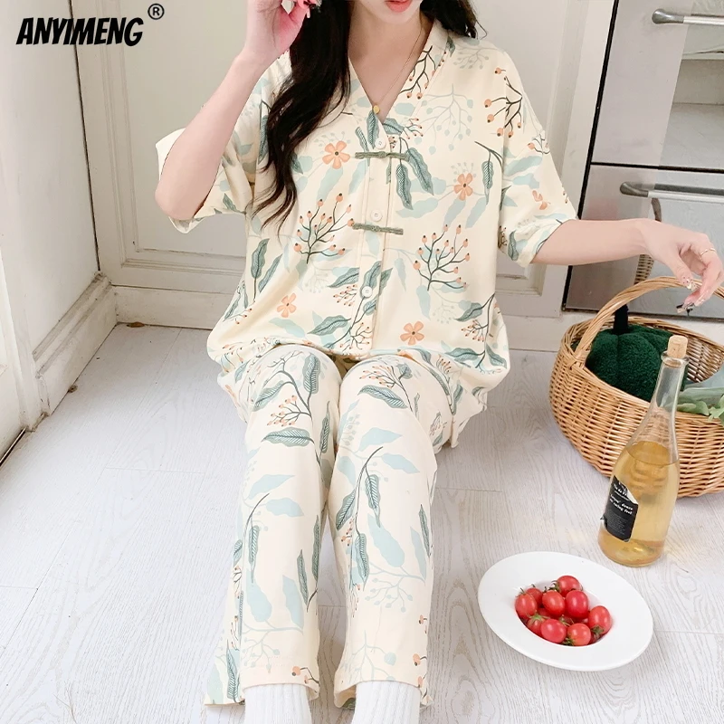 Women Pajamas Summer New Chinese Style V-neck Sleepwear Elegant Floral Woman Pijama Leisure Faux Cotton Nightwear Chic Lingeries