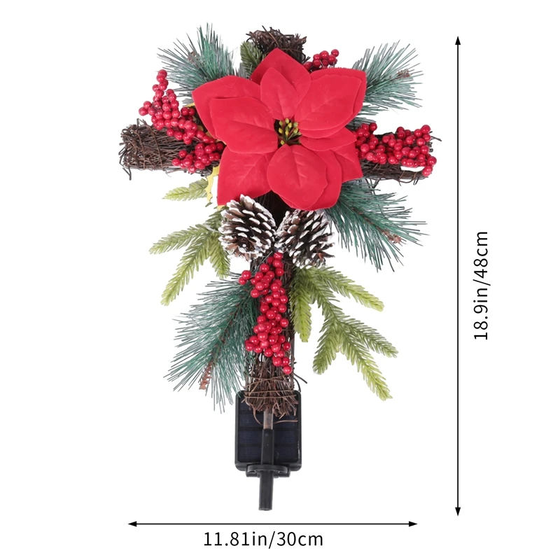 Christmas Cross Stake Metal Cross Solar Powered With Fairy Lights, Natural Rattan, Red Poinsettia & Berries