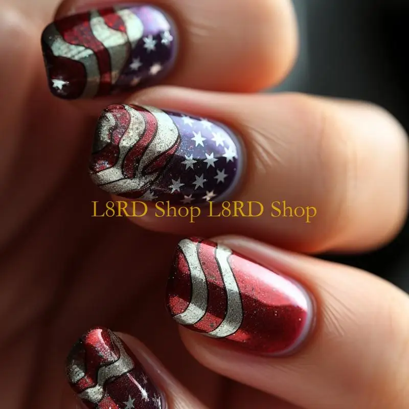 L8RD 7 月 4 日マニキュアネイルデコレーションアクリルスティック爪にショートスクエア偽ネイルスティック爪アート愛好家のための 24 個