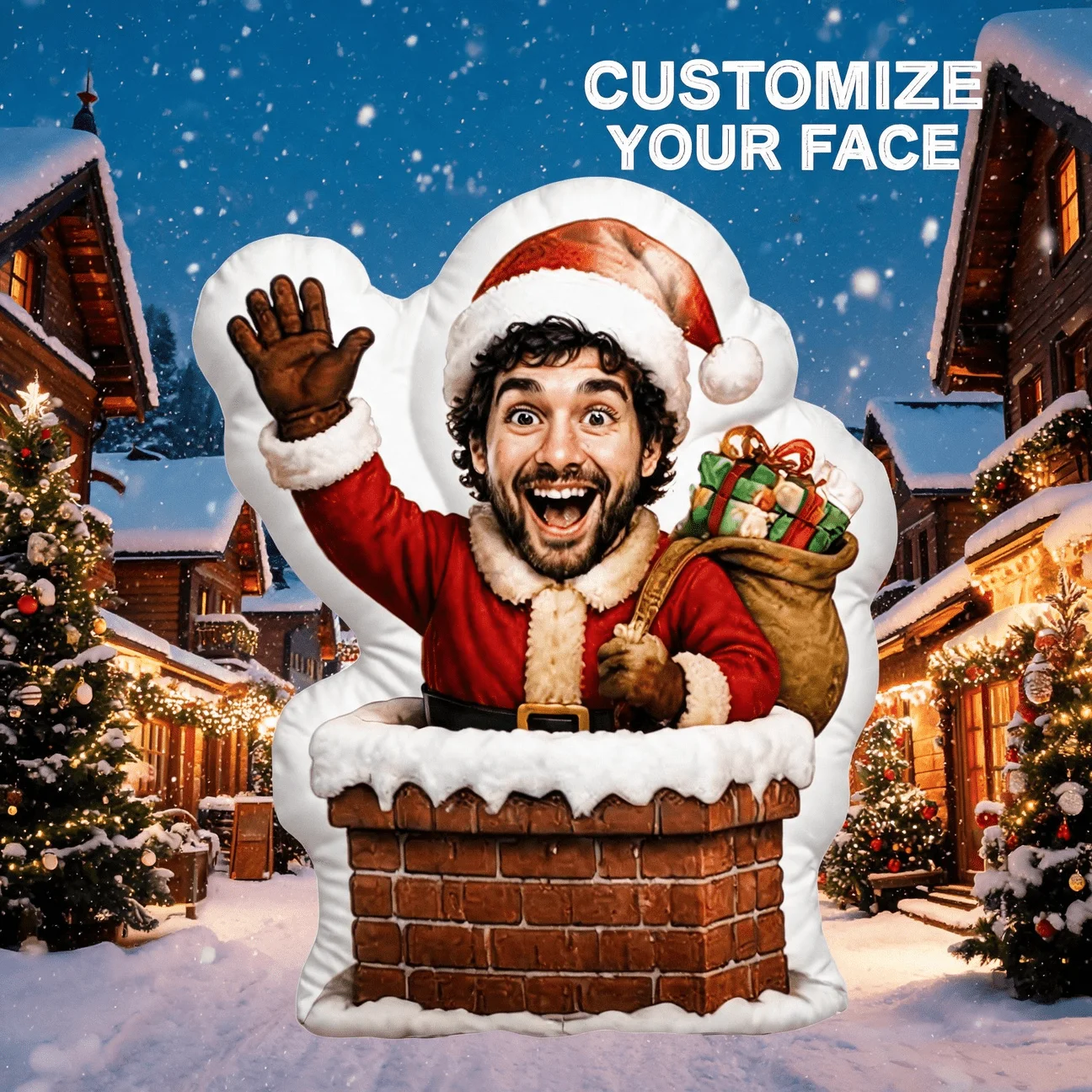 Custom Photo Santa Claus Chimney Shaped Pillow, Personalized Funny Face Decorative Cushion, 70cm Home Decor Accent for Sofa & Be