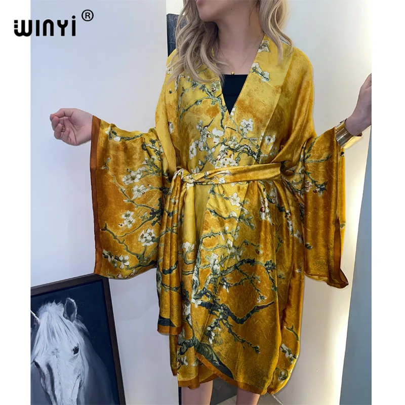 2022 WINYI Summer Beach Wear Swim pokrowiec na garnitur afryka fashiolady kardigan w stylu boho ścieg z wszytym paskiem sexy Holiday Kimono z długim