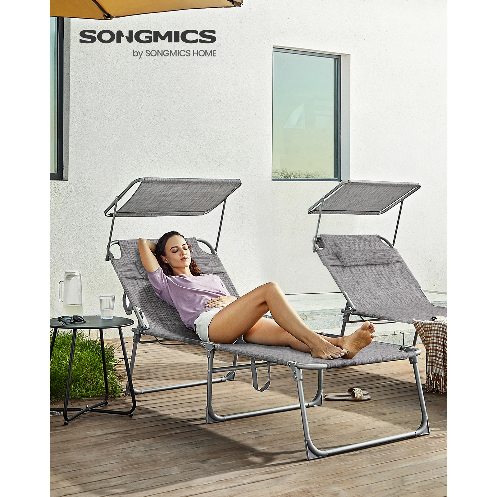 SONGMICS Folding Sun Lounger, Reclining Sun Chair, 71 x 200 x 38 cm, Max. Load 150 kg, Sunshade Headrest, Adjustable Backrest