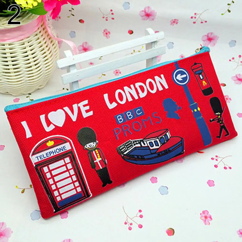 Students Pencil Bag Cartoon Kids Pen Case London Style Girls Cosmetic Pouch Coin Purse Zipper Makeup Bag Stationery Organizer