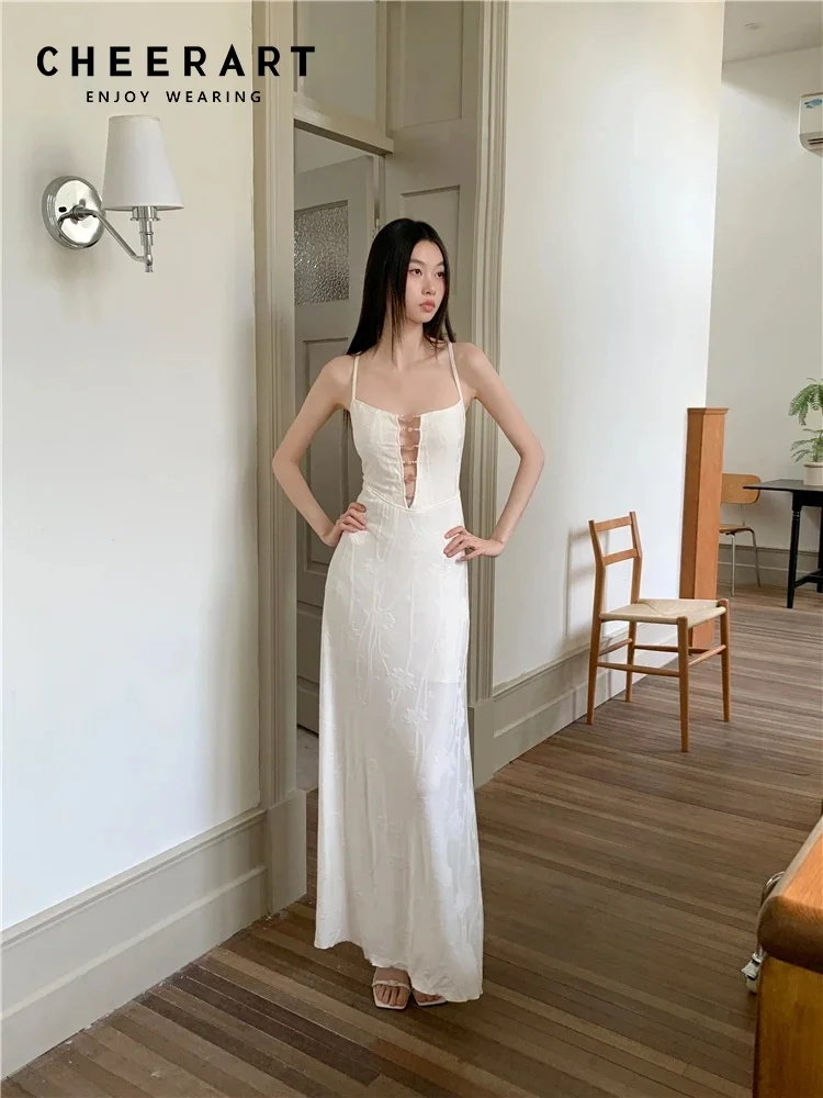 CHEERART Designer Backless Floral White Long Slip Dress Cut Out Tunics A Line Evening Luxury Dresses Women 2024 Summer Clothes